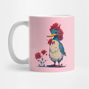 Cute Duck With Red Flowers Mug